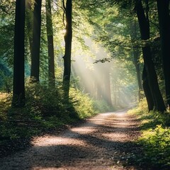 Wall Mural - Inspirational nature quote with a background of a peaceful forest path, dappled in sunlight, ideal for a serene Facebook post.