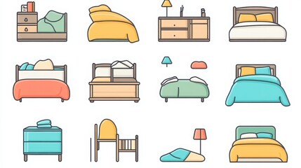 Wall Mural - Bedding thin line icon set. Containing a blanket, bed, pillow, mattress, duvet, bed frame, sheet, headboard, nightstand