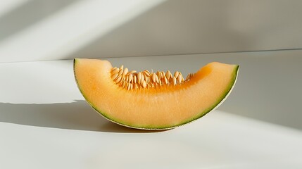 Wall Mural - A single slice of cantaloupe melon with seeds and a white background, illuminated by sunlight.