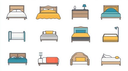 Poster - Bedding thin line icon set. Containing a blanket, bed, pillow, mattress, duvet, bed frame, sheet, headboard, nightstand