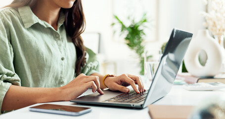 Poster - Hands, typing and person in home office with laptop, research or networking for freelance project. Remote work, connectivity and woman at desk writing email, report or online review for business plan