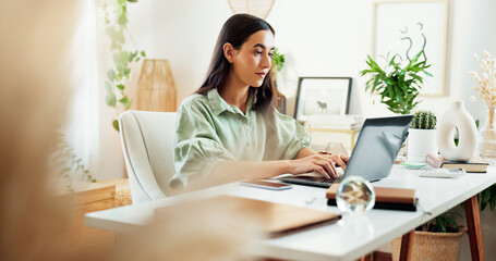 Poster - Laptop, typing and woman at desk in home office with growth, development and planning for freelance project. Remote work, connectivity and writer with computer for online research, review or article