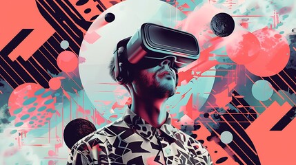 A person wearing a VR headset, immersed in a vibrant, abstract digital environment.