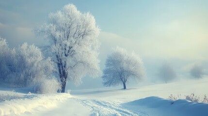 Wall Mural - A snowy landscape with a river and trees