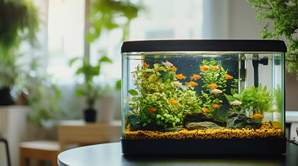 Small fish tank with goldfish and green plants on a table next to a window.