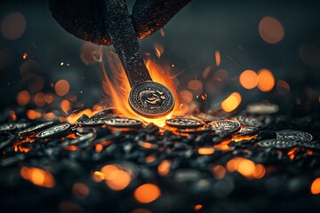 Poster - gold coins being minted in an ancient roman forge, glowing hot as they cool into perfect shapes