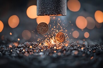 Poster - gold coins being minted in an ancient roman forge, glowing hot as they cool into perfect shapes
