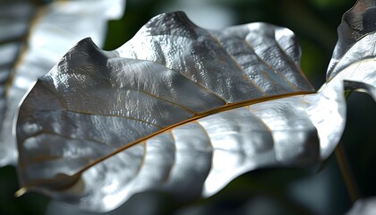 Intricately Detailed Metallic Leaf Reflecting Tropical Elegance with Striking Texture and Sheen