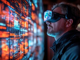 Aufkleber - Man wearing VR headset in front of a glowing digital screen.