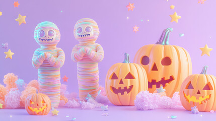 Wall Mural - A Halloween scene with a group of pumpkins and two creepy figures