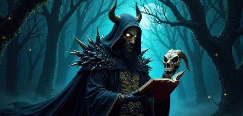 A mysterious figure in a dark forest, holding a skull and a book, evokes themes of magic and the supernatural, perfect for fantasy art, gaming, and Halloween promotions.