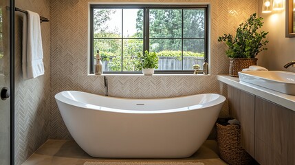 Poster - Modern bathroom with freestanding bathtub, a window overlooking a lush green backyard, and a vanity with a sink and towels.