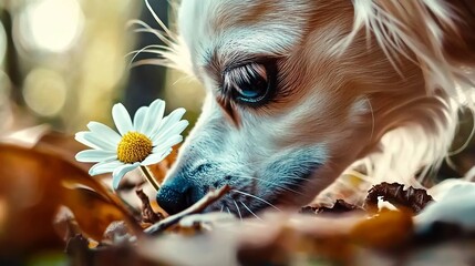 Wall Mural - Closeup of dog and daisy flower, spring concept 