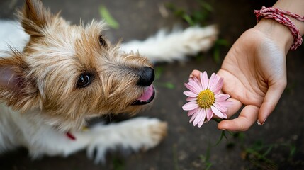 Wall Mural - Closeup of dog and daisy flower, spring concept 