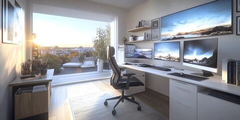 Poster - Modern home office with a view of cityscape and sunset from window.