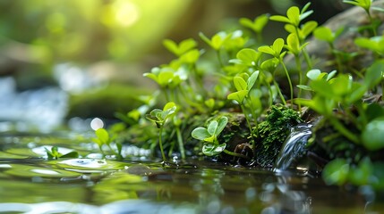 Wall Mural - A serene scene of small green plants growing near a gentle stream.