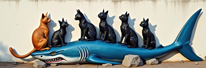 a playful and vibrant sculpture featuring a brown cat and six black cats riding on a blue shark, sho