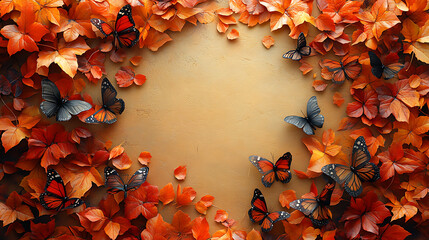 Autumn Leaves with Butterflies in a Natural Frame