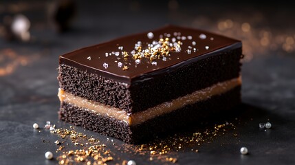 A close-up of a delicious chocolate cake with caramel filling, topped with chocolate ganache and sprinkled with gold flakes and salt.