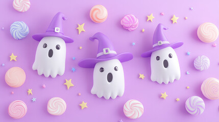 Wall Mural - Three cartoonish ghosts wearing purple hats are standing on a purple background