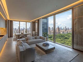 Poster - Modern living room with a panoramic city view and large windows, a white sectional sofa, and a glass coffee table with books.