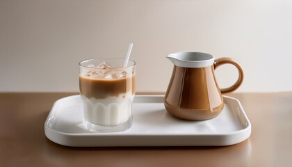 A white ceramic tray with an iced coffee and a small milk jug beside it, the background a li