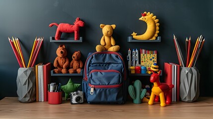 Back to school theme, backpack and stationery on table