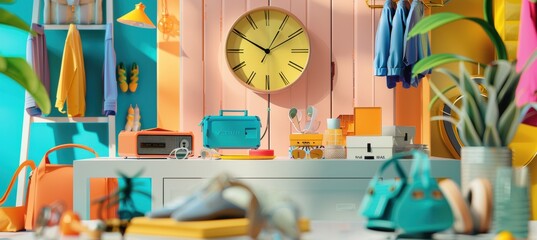 Colorful Retro-Inspired Office Supplies and Decor in a Bright and Organized Workspace