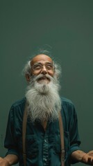 Poster - A man with a long white beard smiles at the camera. AI.