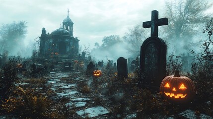 Poster - Spooky Halloween graveyard scene with Jack O' Lanterns lighting up the gravestones and fog rolling in