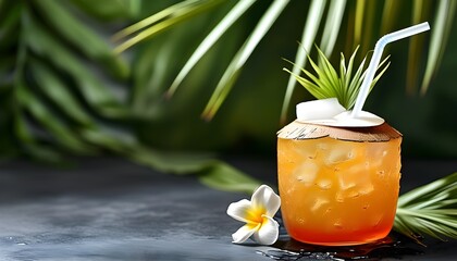 Wall Mural - Tropical coconut drink with ice, straw, and palm leaf garnish, ideal for summer vibes.