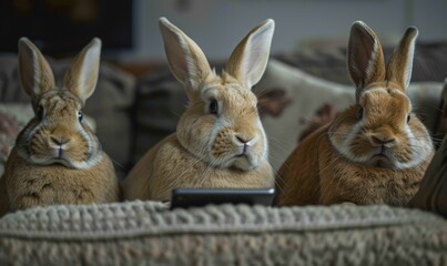 Wall Mural - Three bunnies looking at a phone. AI.