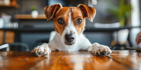 Sticker - A dog looking at the camera with its paws on a table. AI.