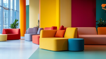 Wall Mural - Modern interior design with colorful sofas and a blue ottoman in a bright room with large windows.