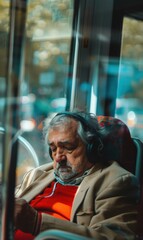 Poster - A man listens to music while sitting on public transportation. AI.