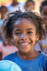 Poster - A young girl smiles brightly as she holds a ball. AI.