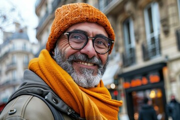 Canvas Print - A man with a beard and glasses smiles warmly. AI.