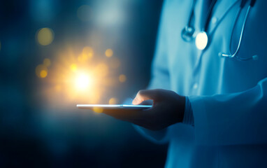 Medical professional holds a tablet emitting a glowing light, symbolizing technology in healthcare and innovative medical solutions.