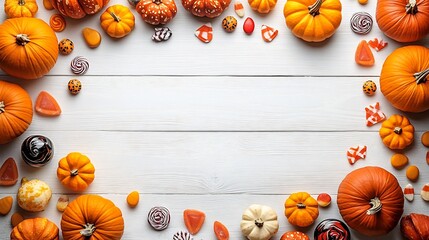 Fototapete - Aerial view of Halloween table setup with pumpkins candy and festive decorations on a white wooden background creating a vibrant Happy Halloween day concept with space for creative design