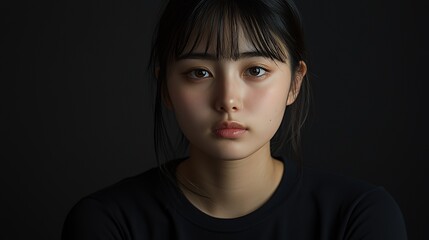 Poster - Young woman with black hair and bangs looking at camera on a dark background.