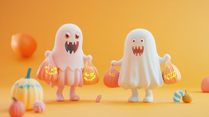 Wall Mural - Two Halloween ghosts holding bags