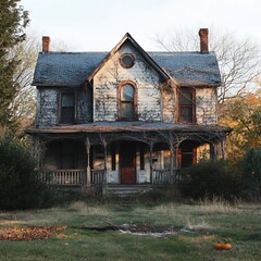 Poster - Old abandoned house with broken windows eerie shadows and cobwebs all around perfect for Halloween