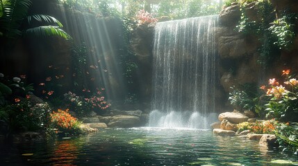 Sticker - Tranquil Waterfall in a Lush Tropical Garden