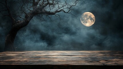 Fototapete - Old wooden table with the silhouette of a dead tree and full moon for a spooky Halloween backdrop