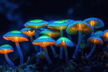 A group of glowing mushrooms with blue, green and orange colors