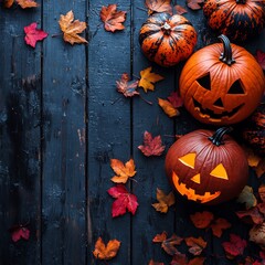 Poster - Autumn leaves scattered around Halloween pumpkins a dark wooden background creating a festive scene
