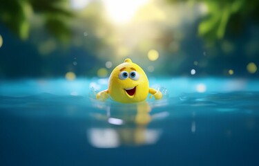 A smiling yellow cartoon lemon floats in a blue body of water.