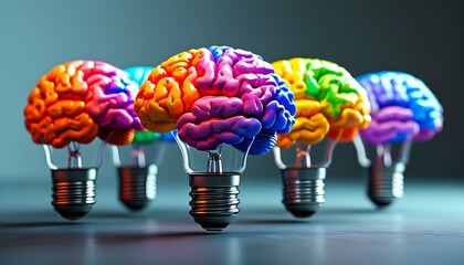 Wall Mural - Vibrant Light Bulbs with Colorful Brains Representing Creativity, Knowledge, Innovation, and Brainstorming Ideas