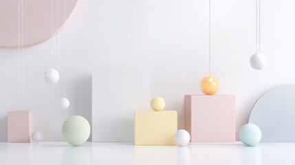 Poster - A minimalist design with pastel blocks and spheres arranged on a white background.