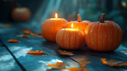 Fototapete - Candlelit Halloween pumpkins arranged a dark wooden surface casting eerie shadows